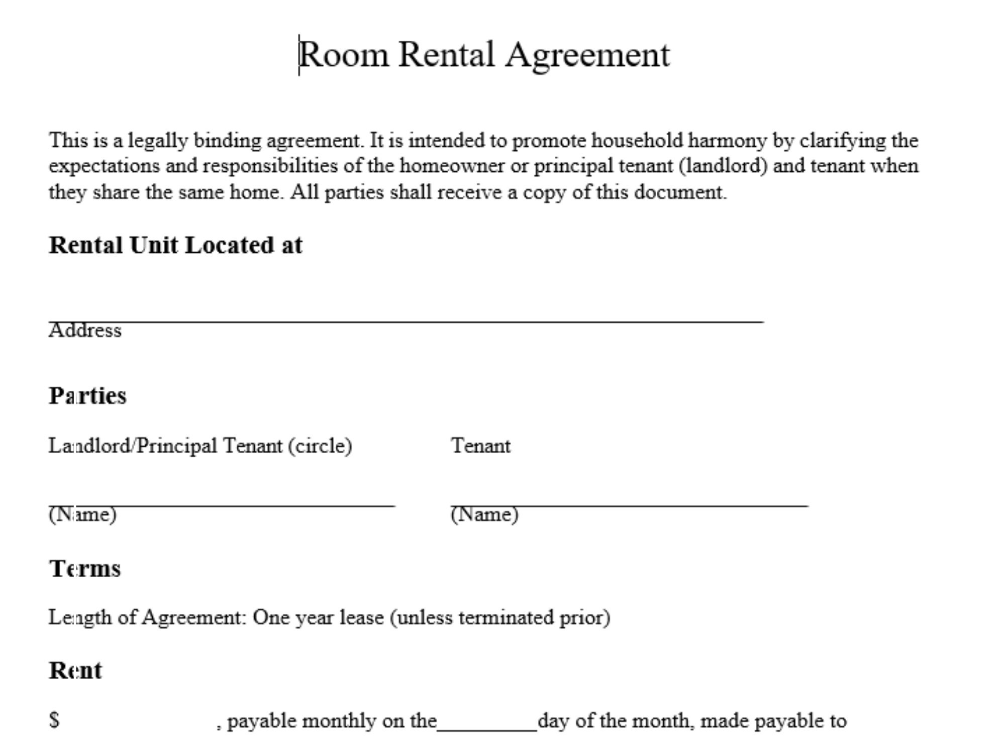 Free Printable Room Rental Agreement Download Free Printable Room 