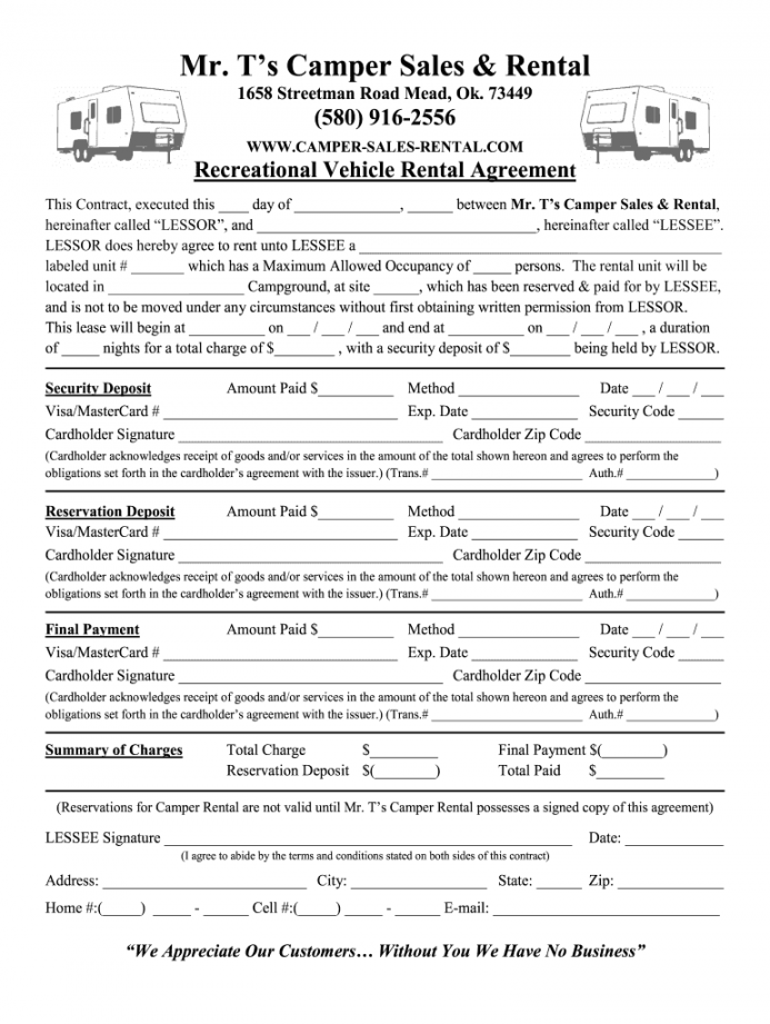 Free Printable Rv Rental Agreement FREE Printable A Z