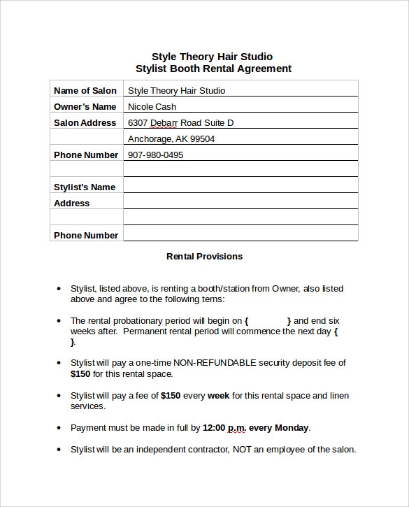 Free Printable Salon Booth Rental Agreement