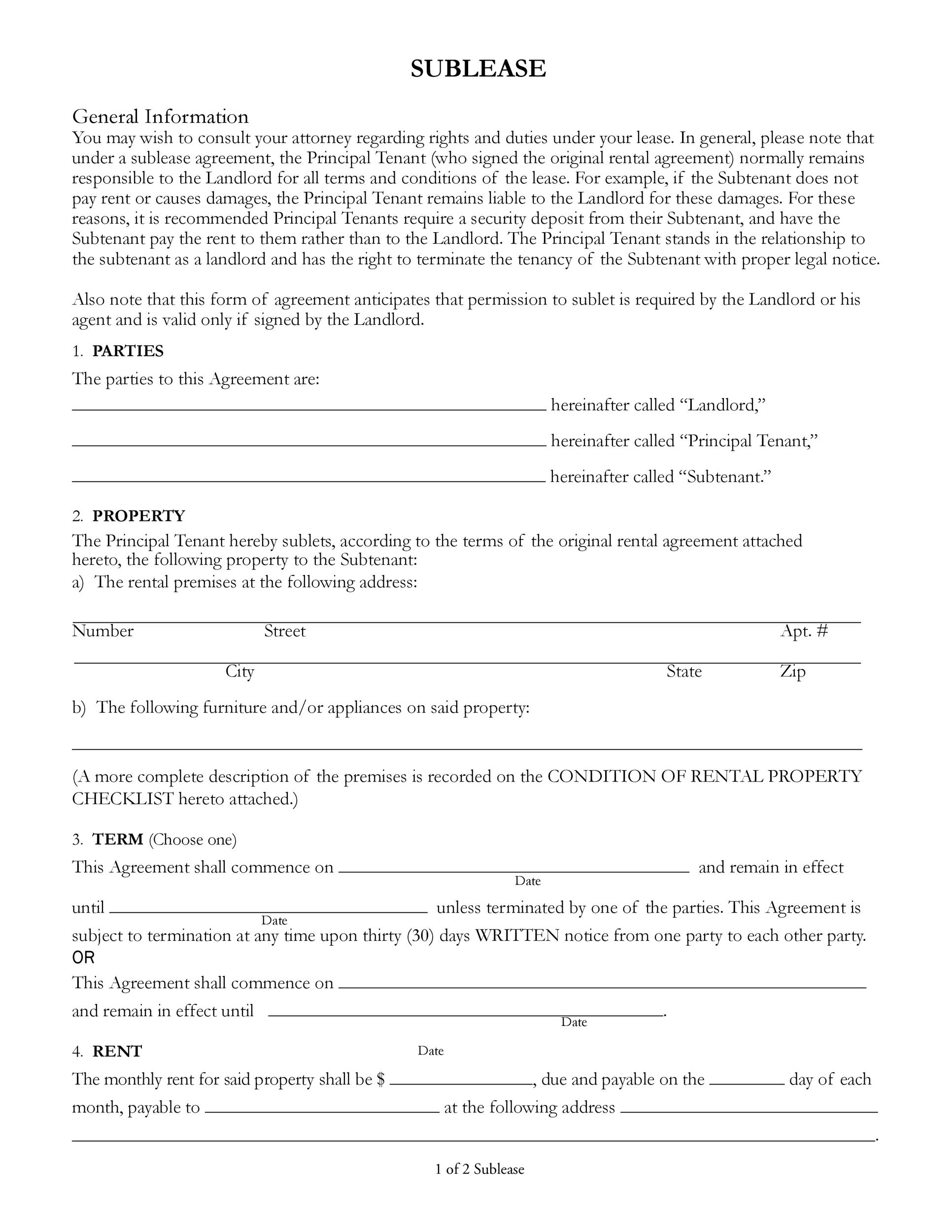 Free Printable Sublease Agreement Forms Printable Forms Free Online