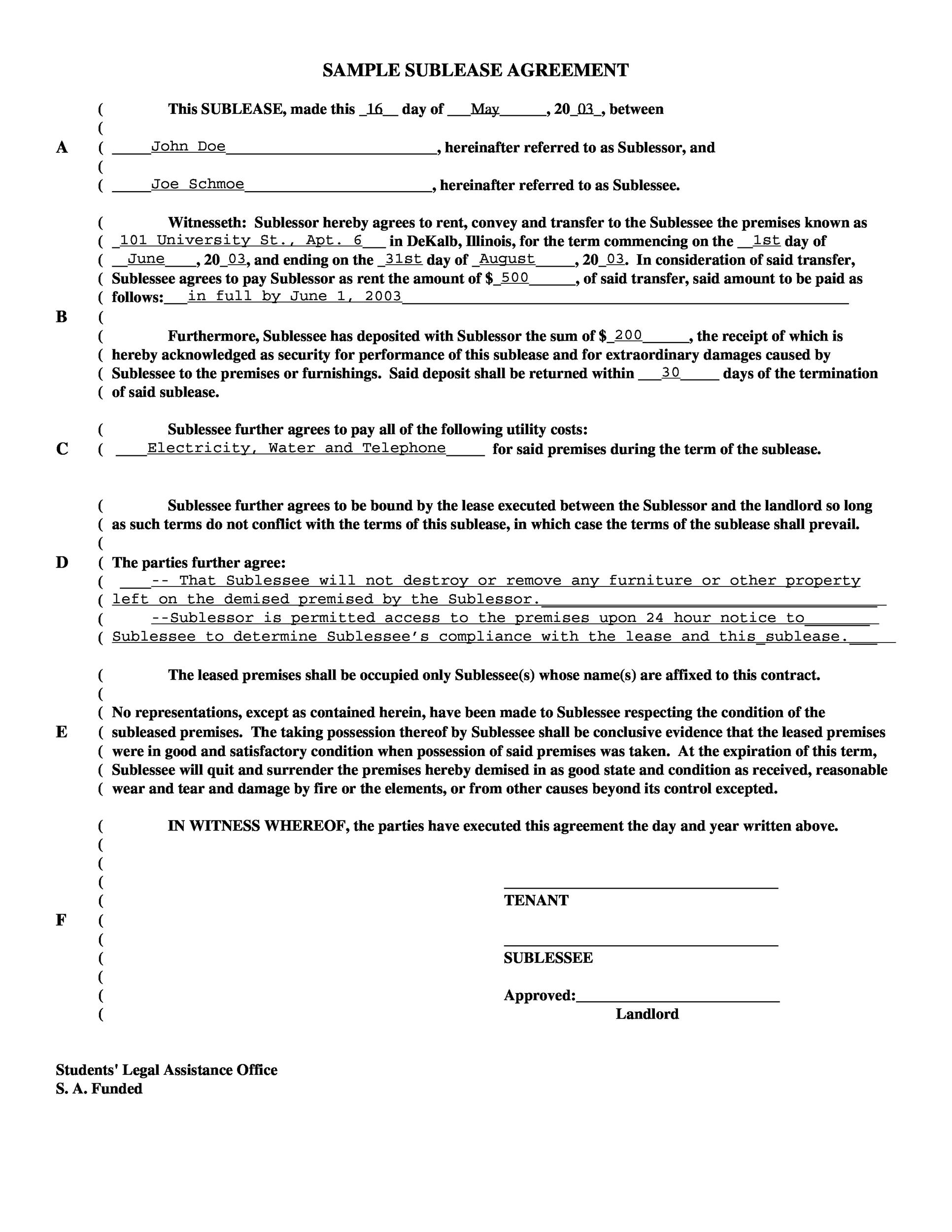 Free Printable Sublease Agreement Forms Printable Forms Free Online
