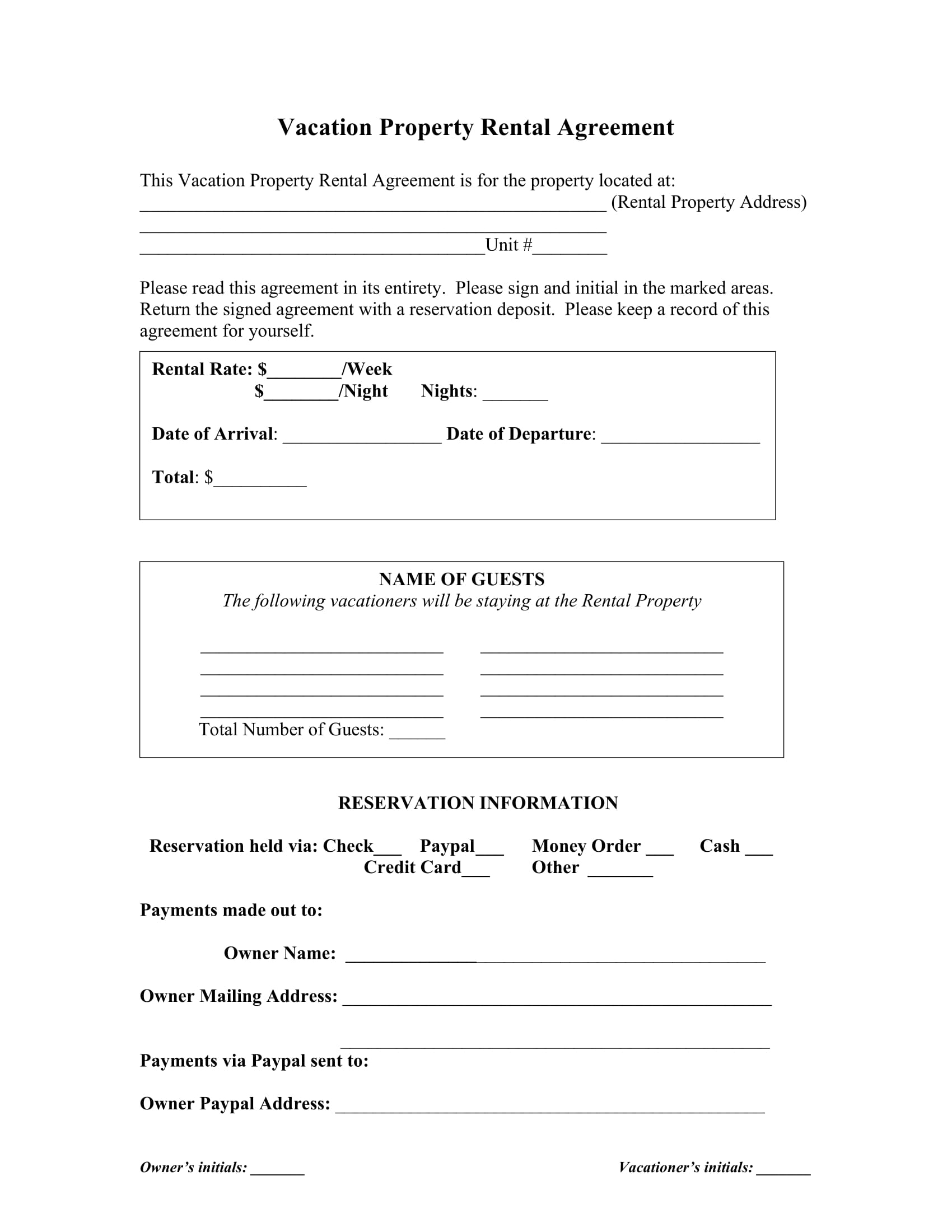 Free Printable Vacation Rental Agreement