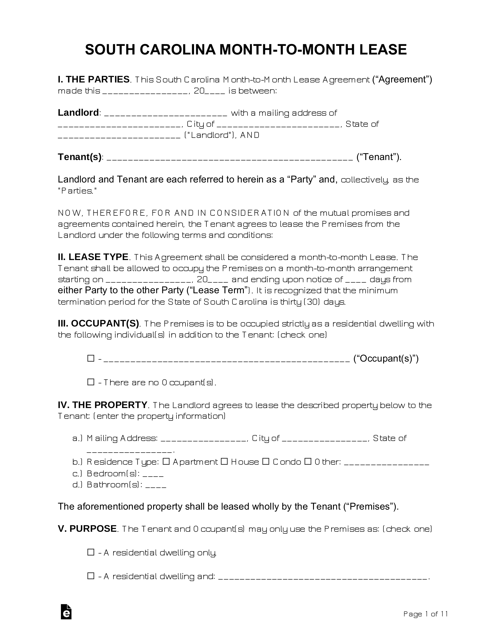Free South Carolina Month to Month Lease Agreement Template PDF 