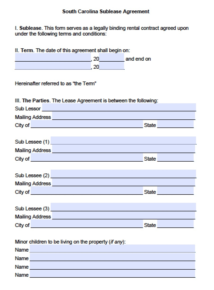 Free South Carolina SubLease Roommate Agreement PDF Word doc 