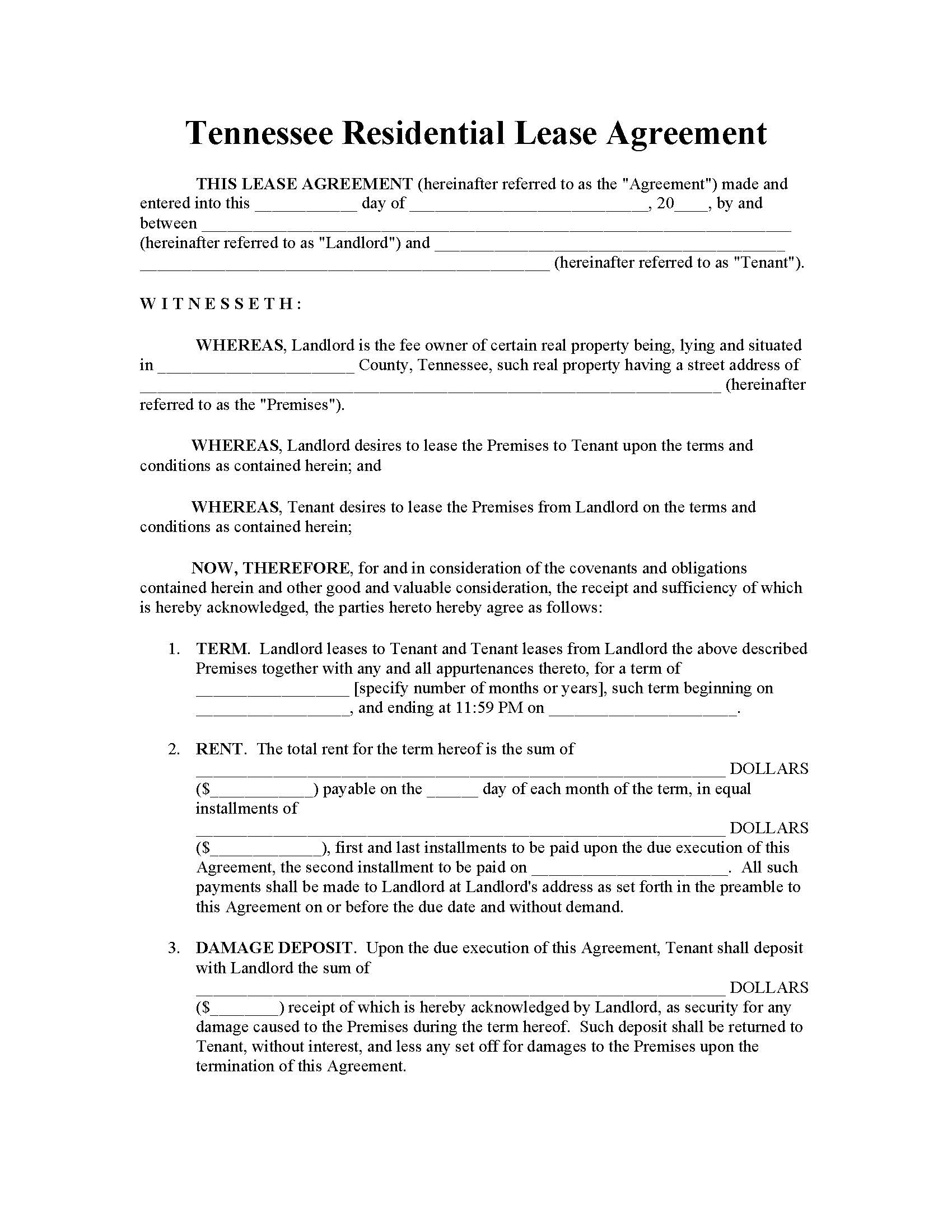 Free Tennessee Standard Residential Lease Agreement Template PDF Word