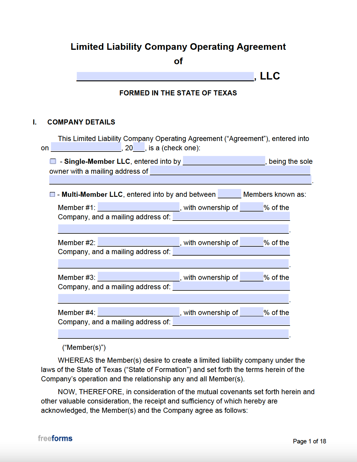 Free Texas LLC Operating Agreement Template PDF WORD