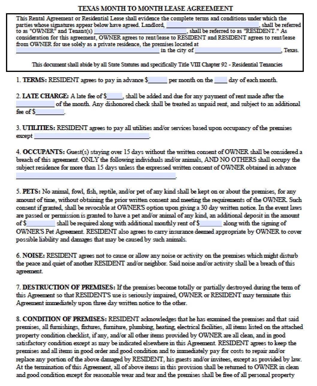 Free Texas Month to Month Lease Agreement Template PDF Word