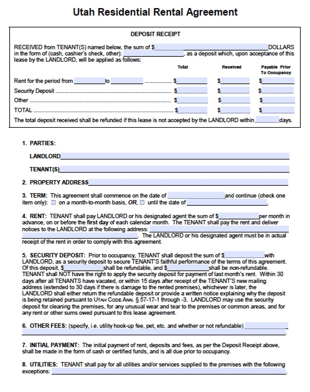 Free Utah Residential Lease Agreement PDF Word doc 