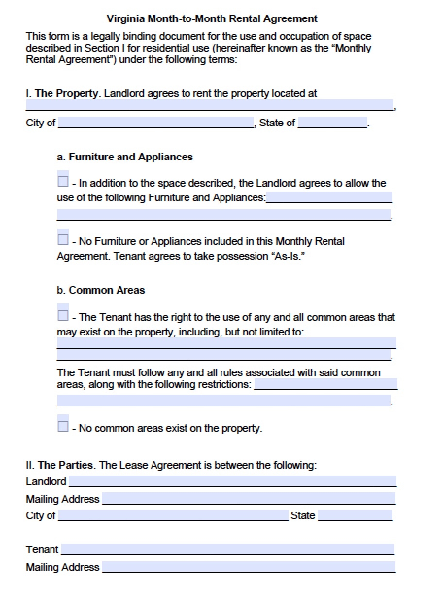 Free Virginia Month to Month Lease Agreement Template PDF Word