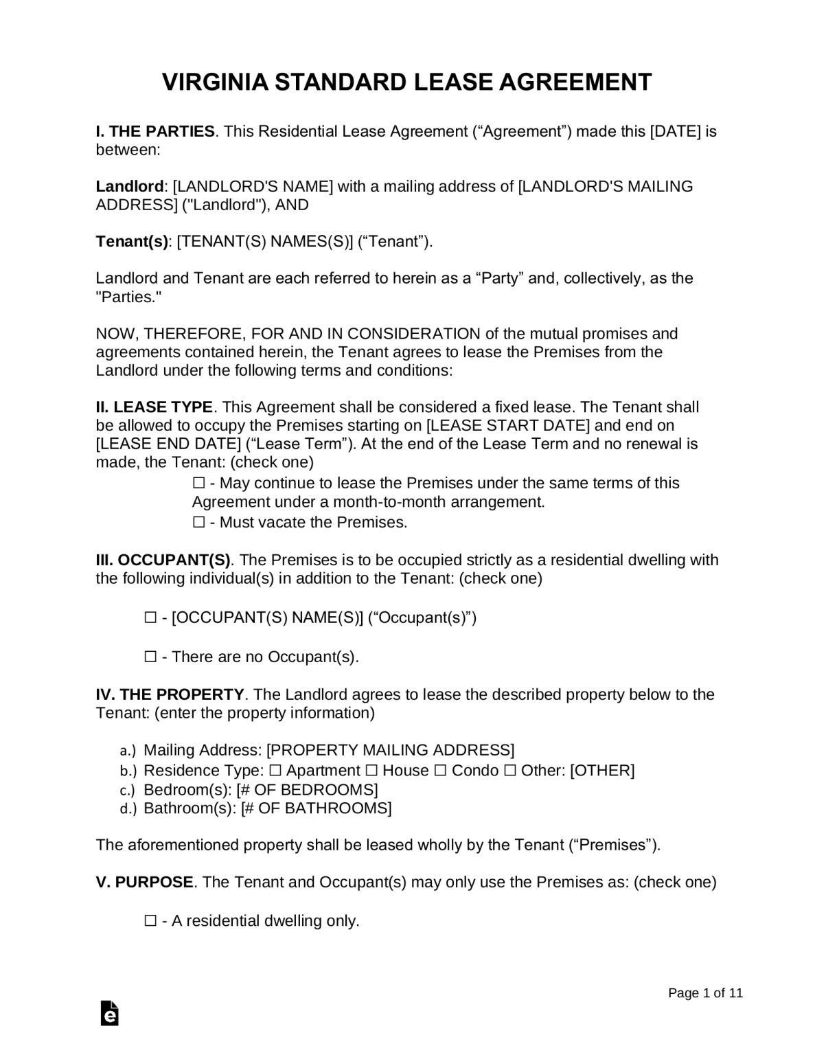 Free Virginia Standard Residential Lease Agreement Template PDF 