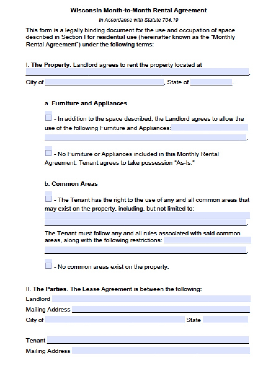 Free Wisconsin Month to Month Lease Agreement Template PDF Word