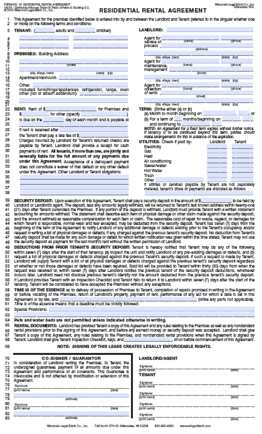 Free Wisconsin Standard Residential Lease Agreement Template PDF Word