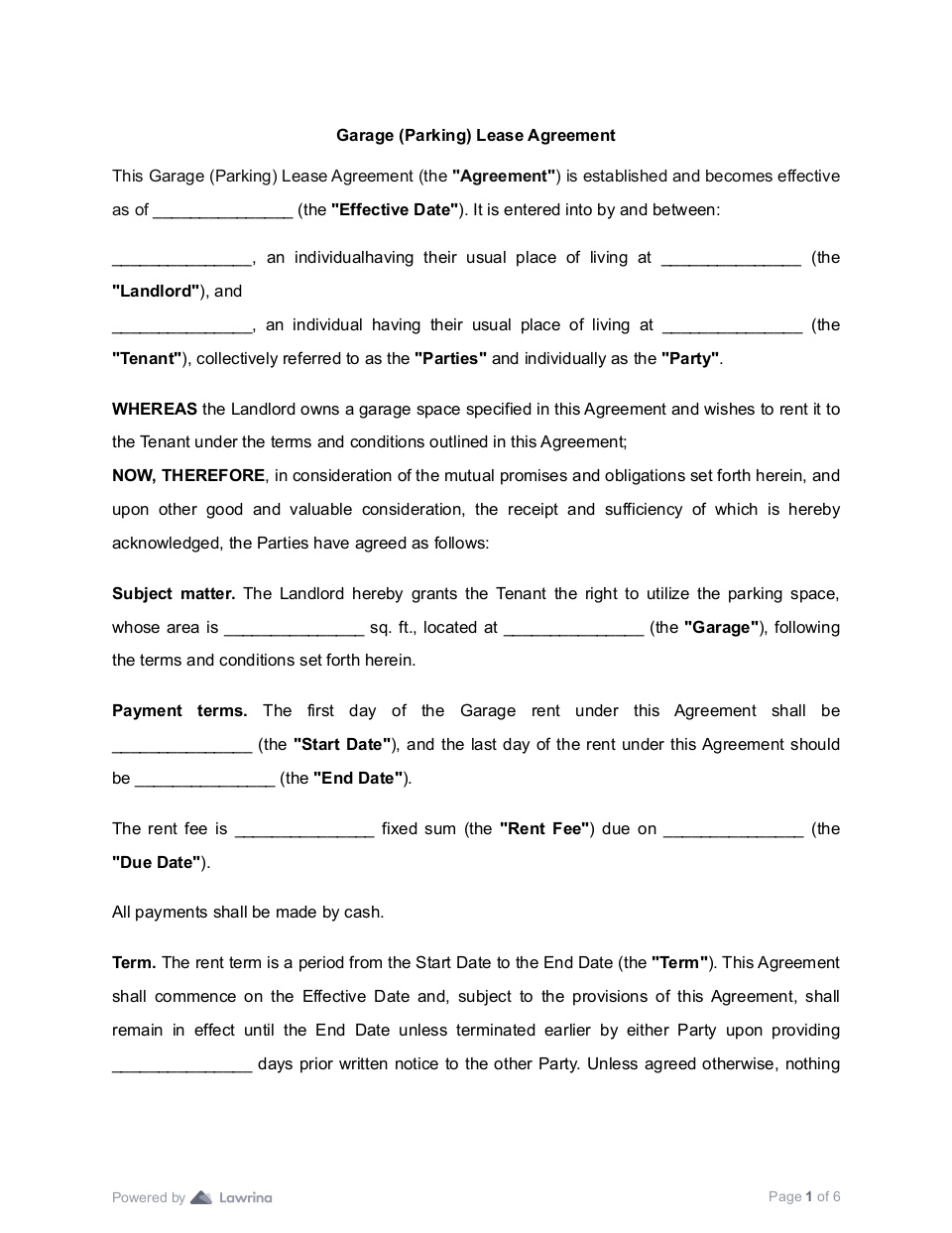 Garage Lease Agreement Template PDF Lawrina
