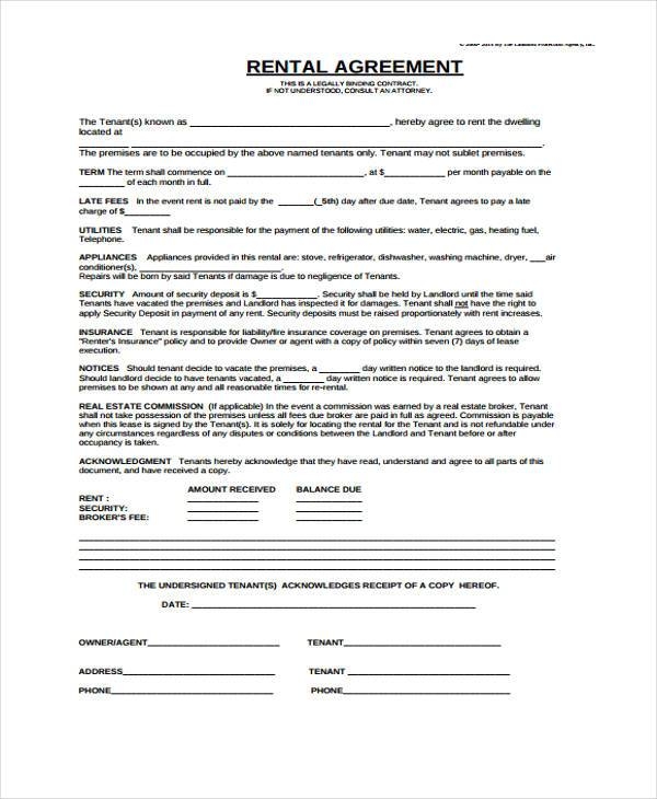 Generic Rental Agreement Printable