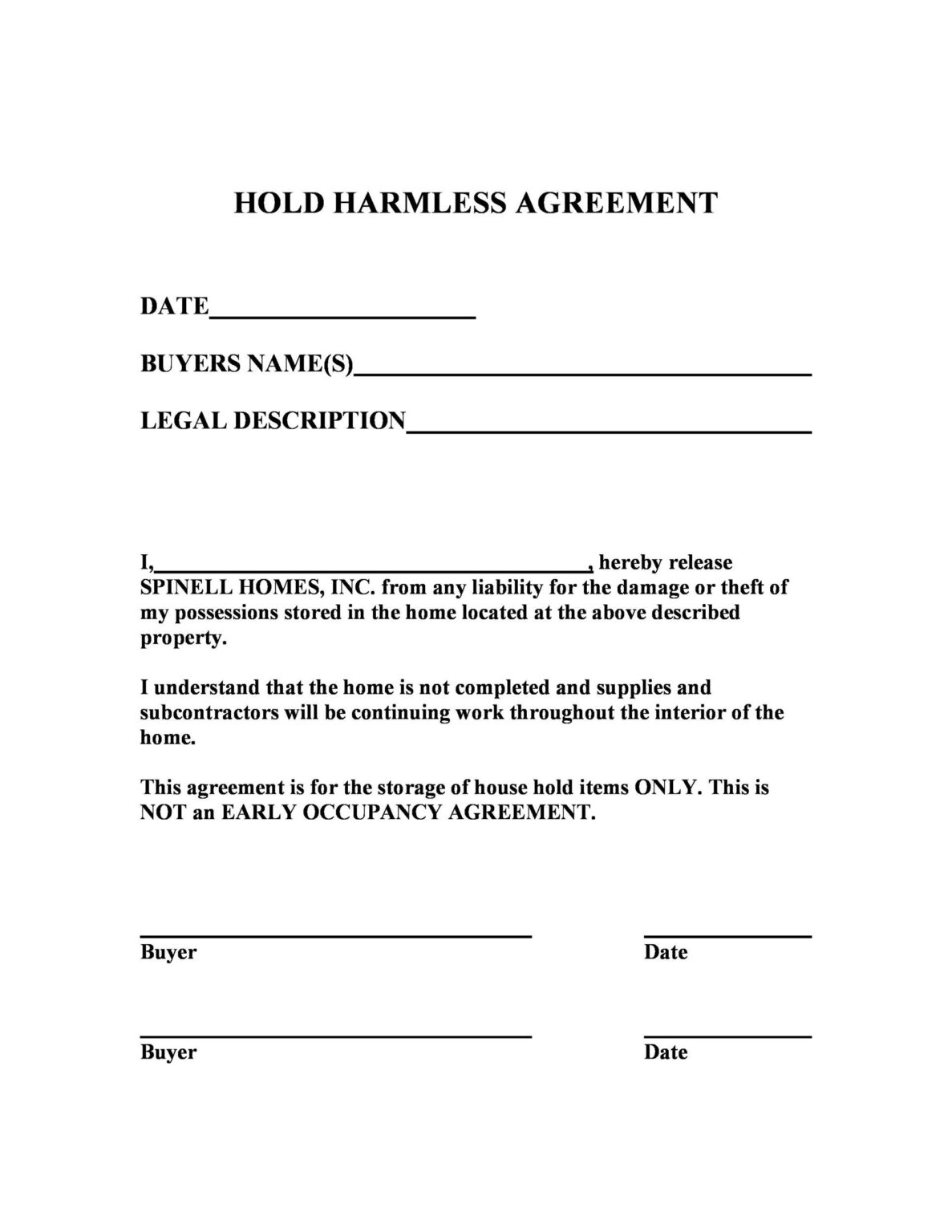Hold Harmless Agreement Template