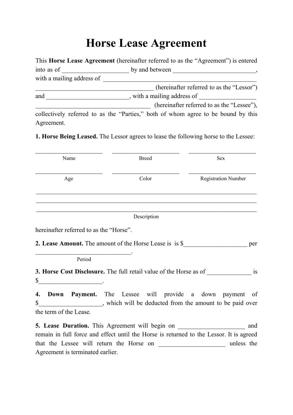 Horse Lease Agreement Template Fill Out Sign Online And Download PDF 