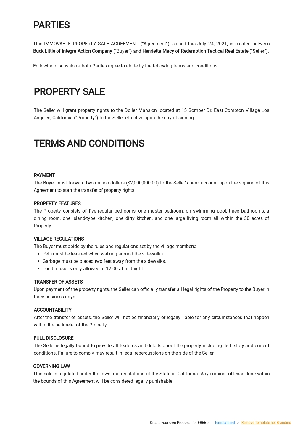 Immovable Property Sale Agreement Template Google Docs Word Apple 