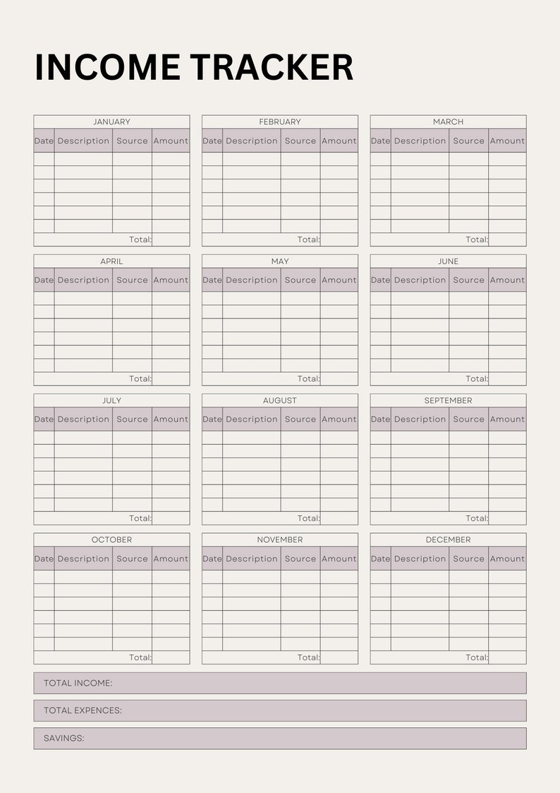 Income Tracker Printable Income Tracking Income Log Monthly Etsy