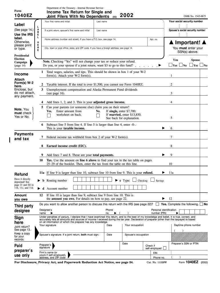 Irs 1040ez Printable Form Printable Forms Free Online