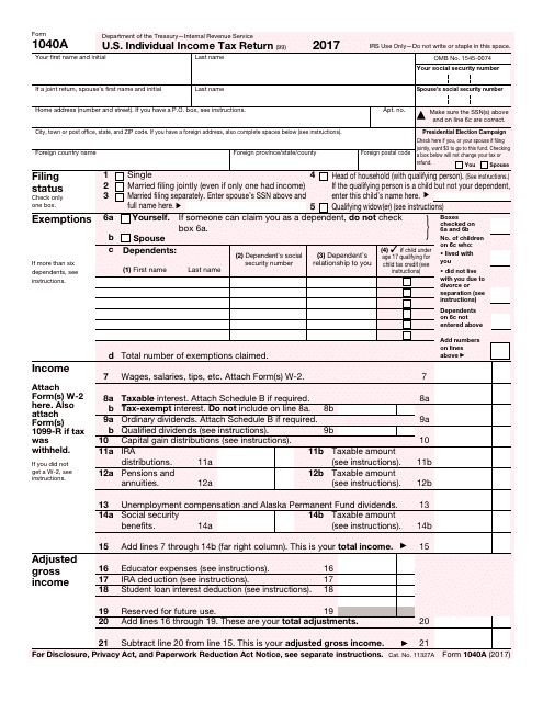 IRS Form 1040A 2017 Fill Out Sign Online And Download Fillable PDF 
