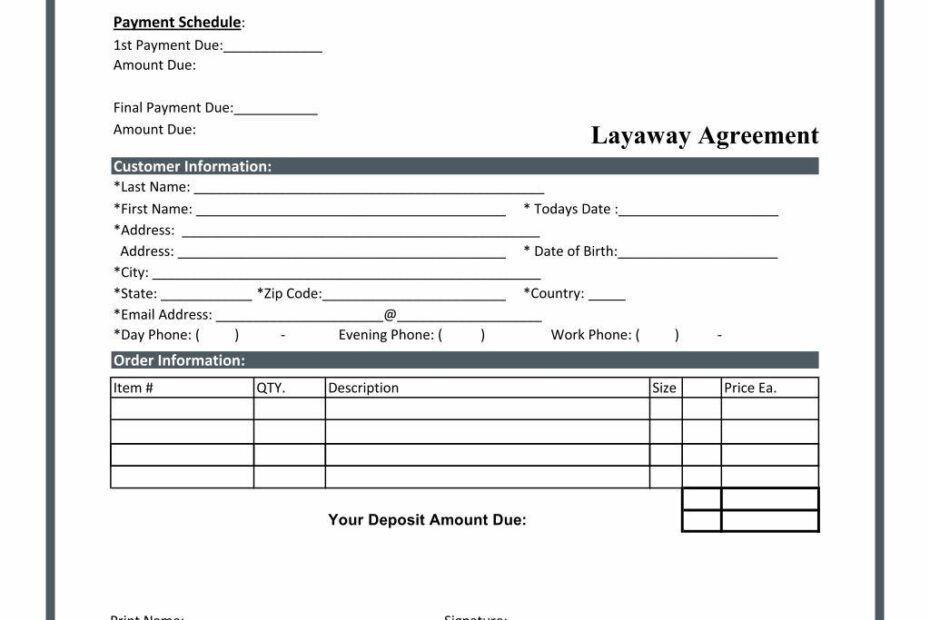 Layaway Agreement Form Printable Gridgit
