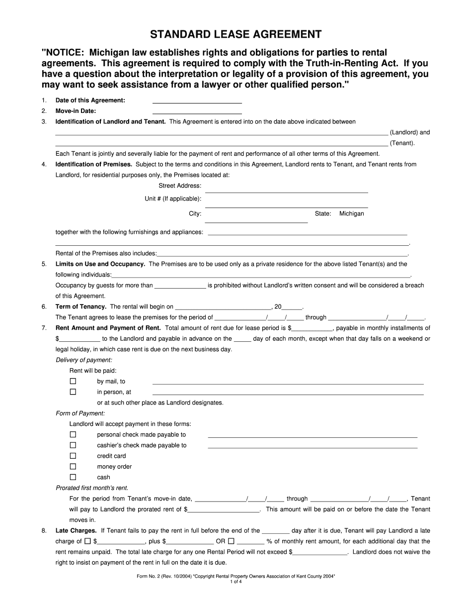 Michigan Lease Agreement Printable Blank PDF Online