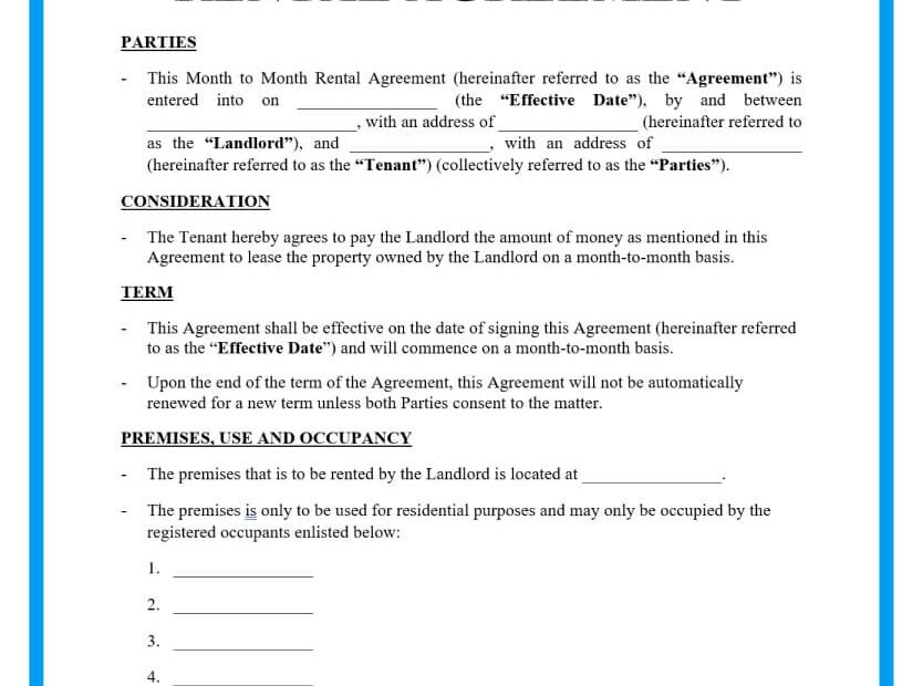 Monthly Rental Agreement Forms FREE Printable Printable Lease Agreement