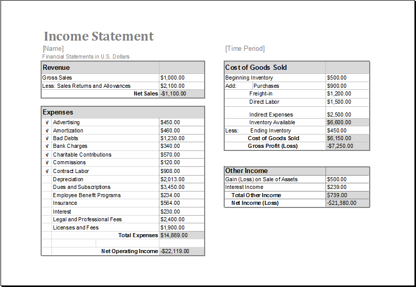 MS Excel Income Statement Editable Printable Template Excel Templates
