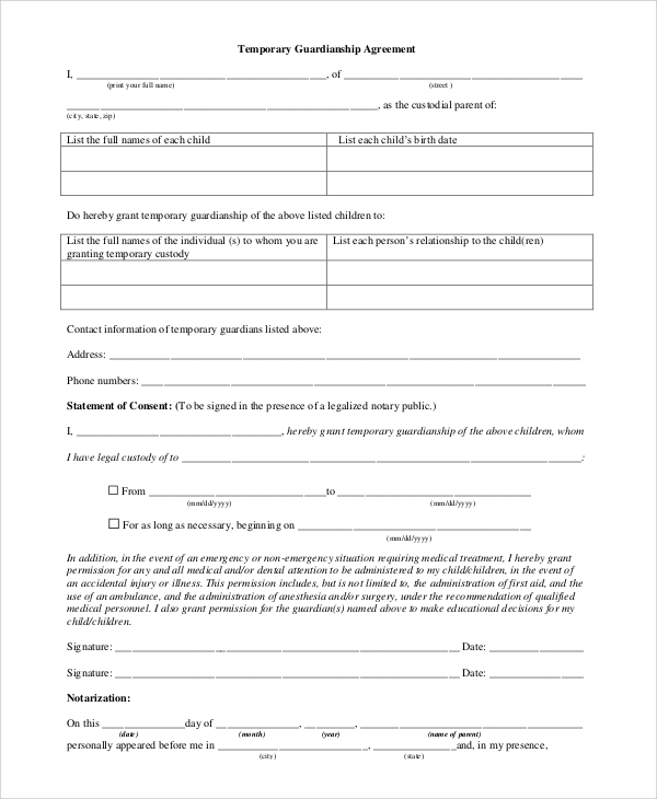 Notarized Printable Temporary Guardianship Agreement Form Printable 