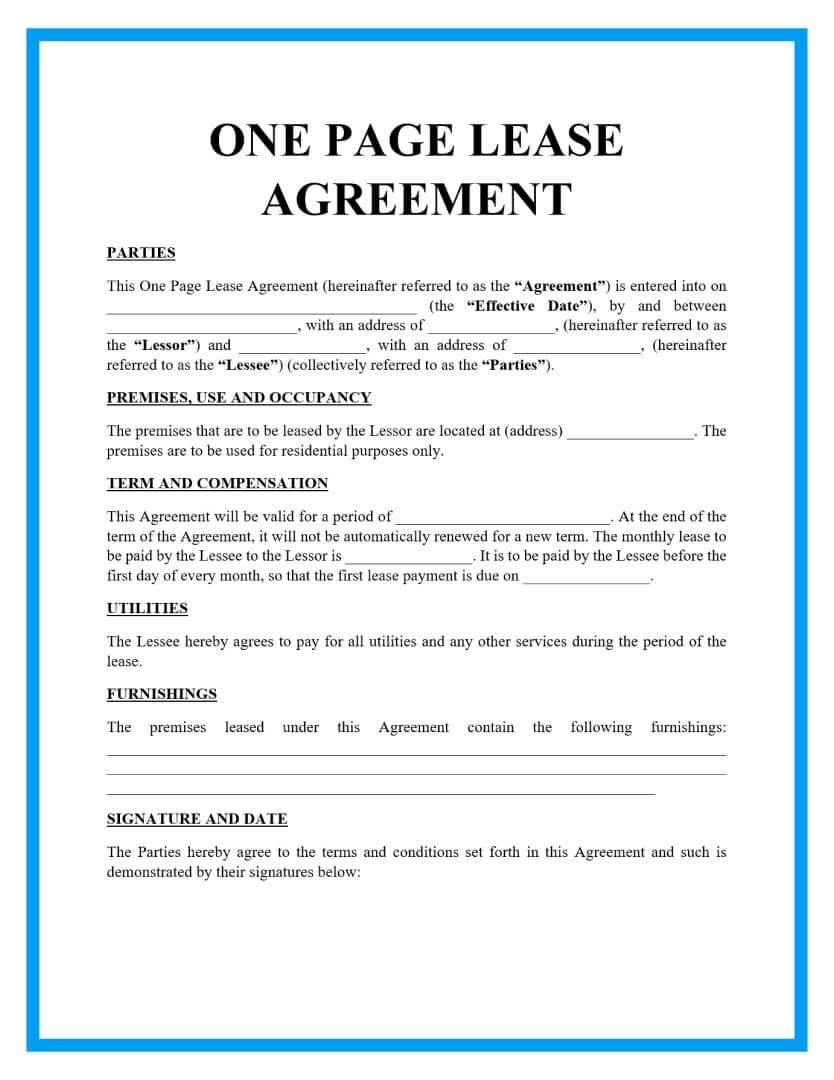 One Page Lease Agreement Printable Printable Lease Agreement