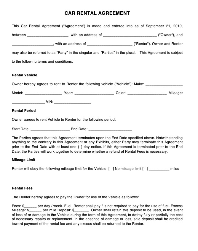 Pdf Downloadable Printable Car Rental Agreement Form Printable Forms 