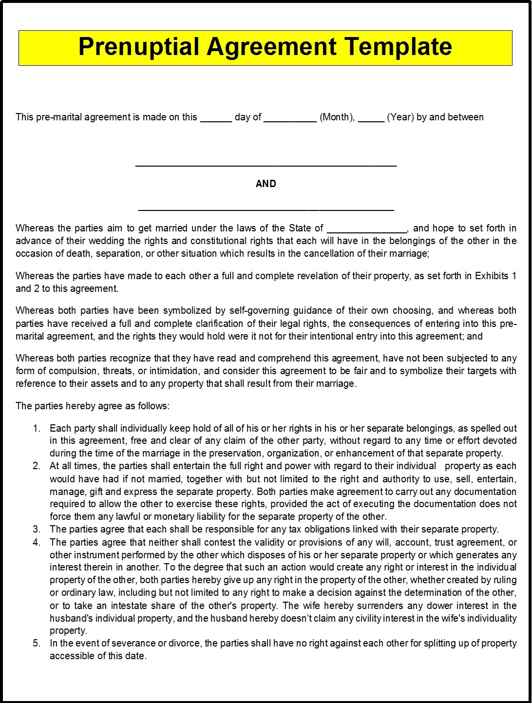 Prenuptial Agreement Templates Excel Word Template
