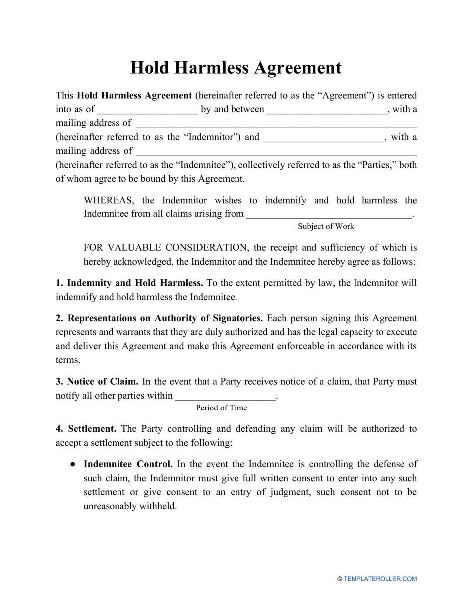Printable Blank Hold Harmless Agreement Pdf