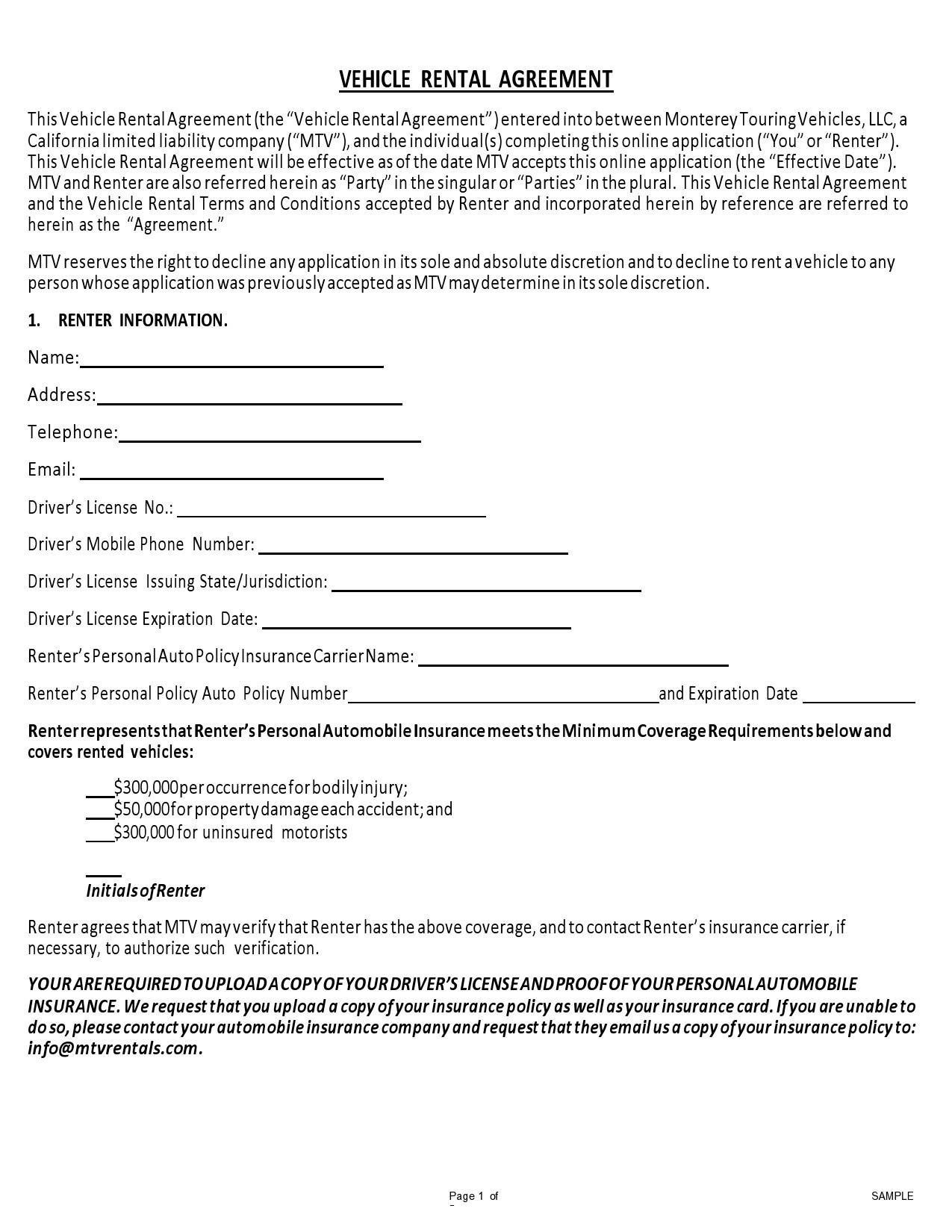 Printable Car Rental Agreement Form Printable Forms Free Online