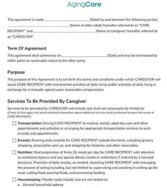 Printable Caregiver Agreement Caregiver Contract Template Printable