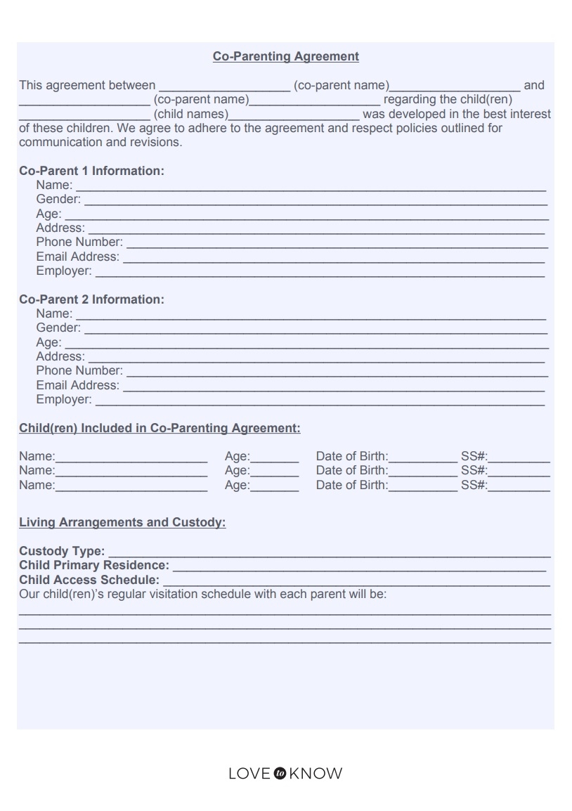 Printable Co Parenting Agreement Template Free Word Excel Templates