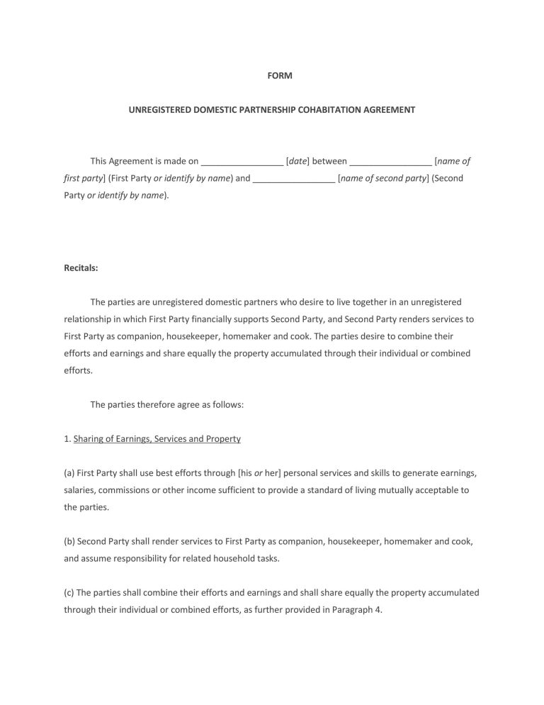 Printable Cohabitation Agreement Template Sample Templateral