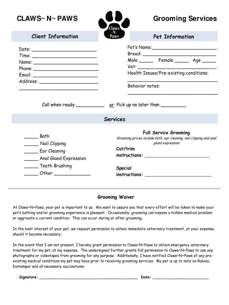 Printable Dog Grooming Business Forms Templates Printable Forms Free 