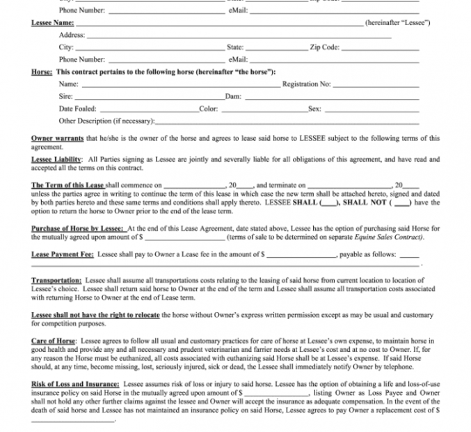 Printable Equine Lease Agreement Fill Out And Sign Printable Pdf