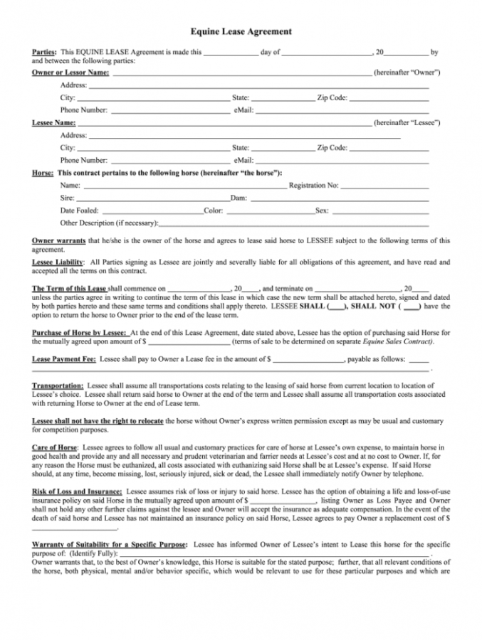 Printable Equine Lease Agreement Fill Out And Sign Printable Pdf 