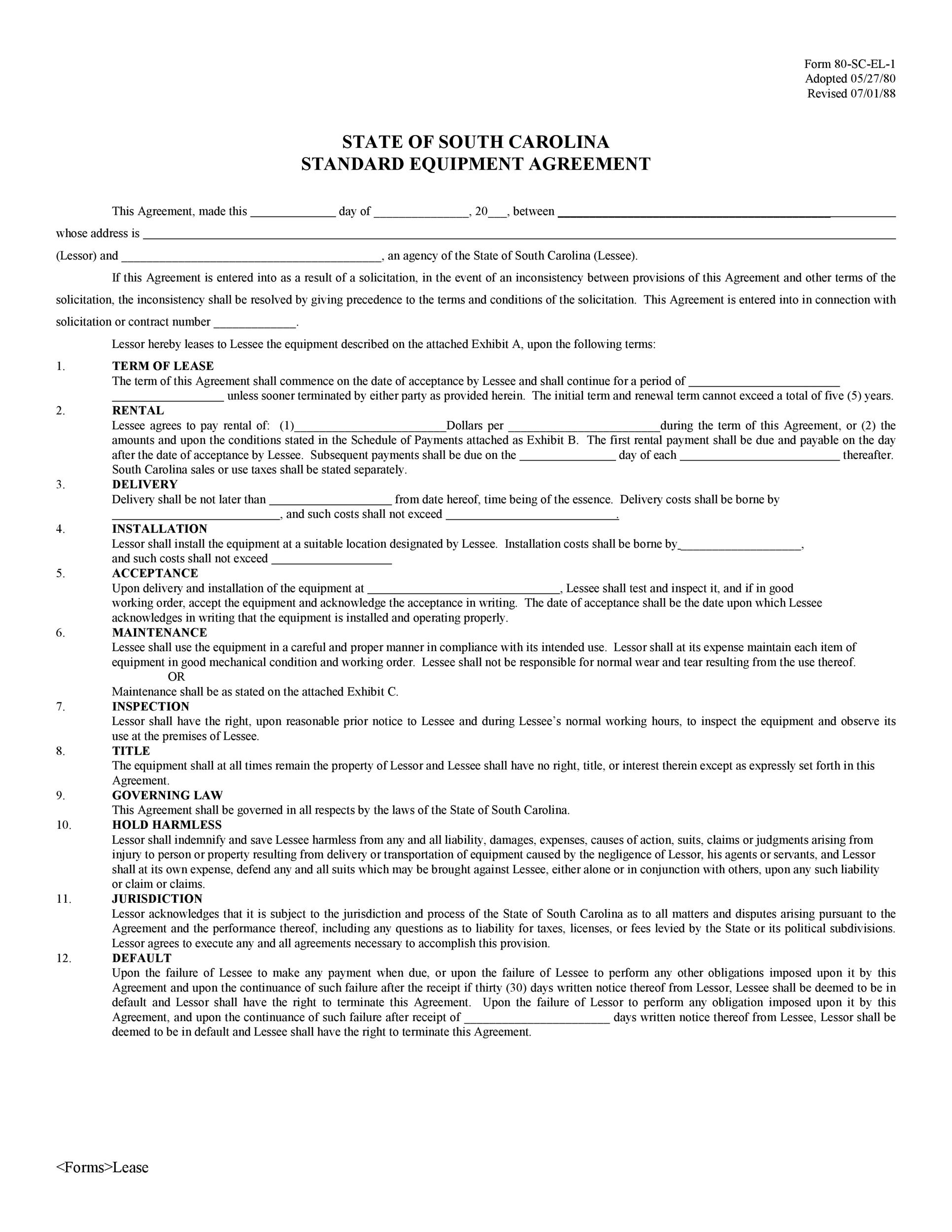 Printable Equipment Rental Agreement Template