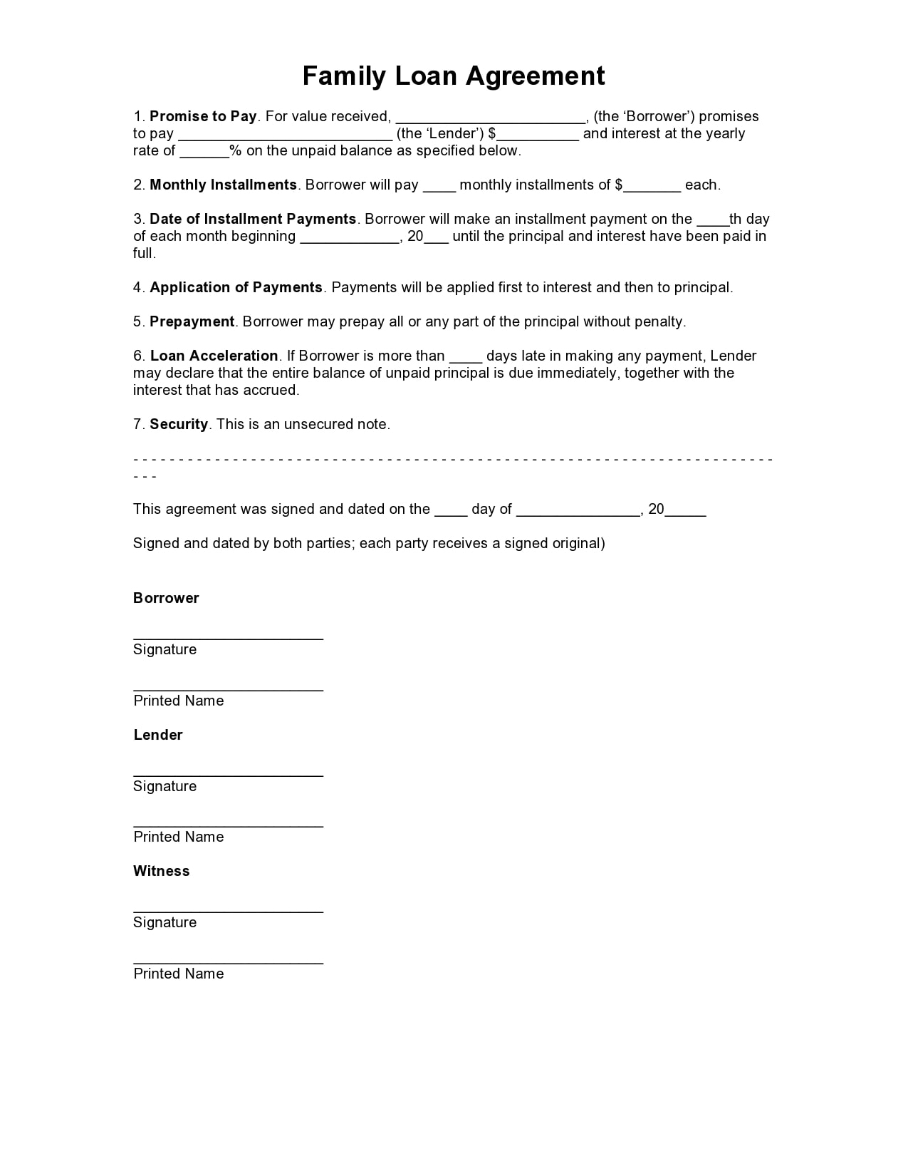 Printable Family Loan Agreement Template