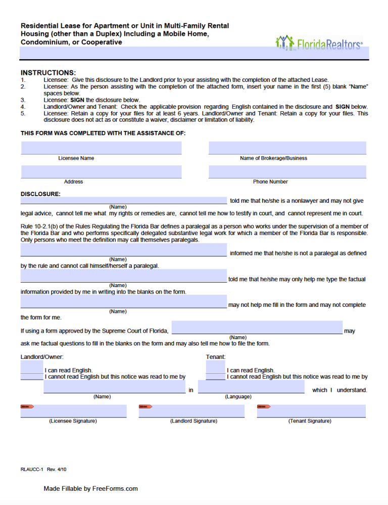 Printable Florida Residential Lease Agreement Fillable