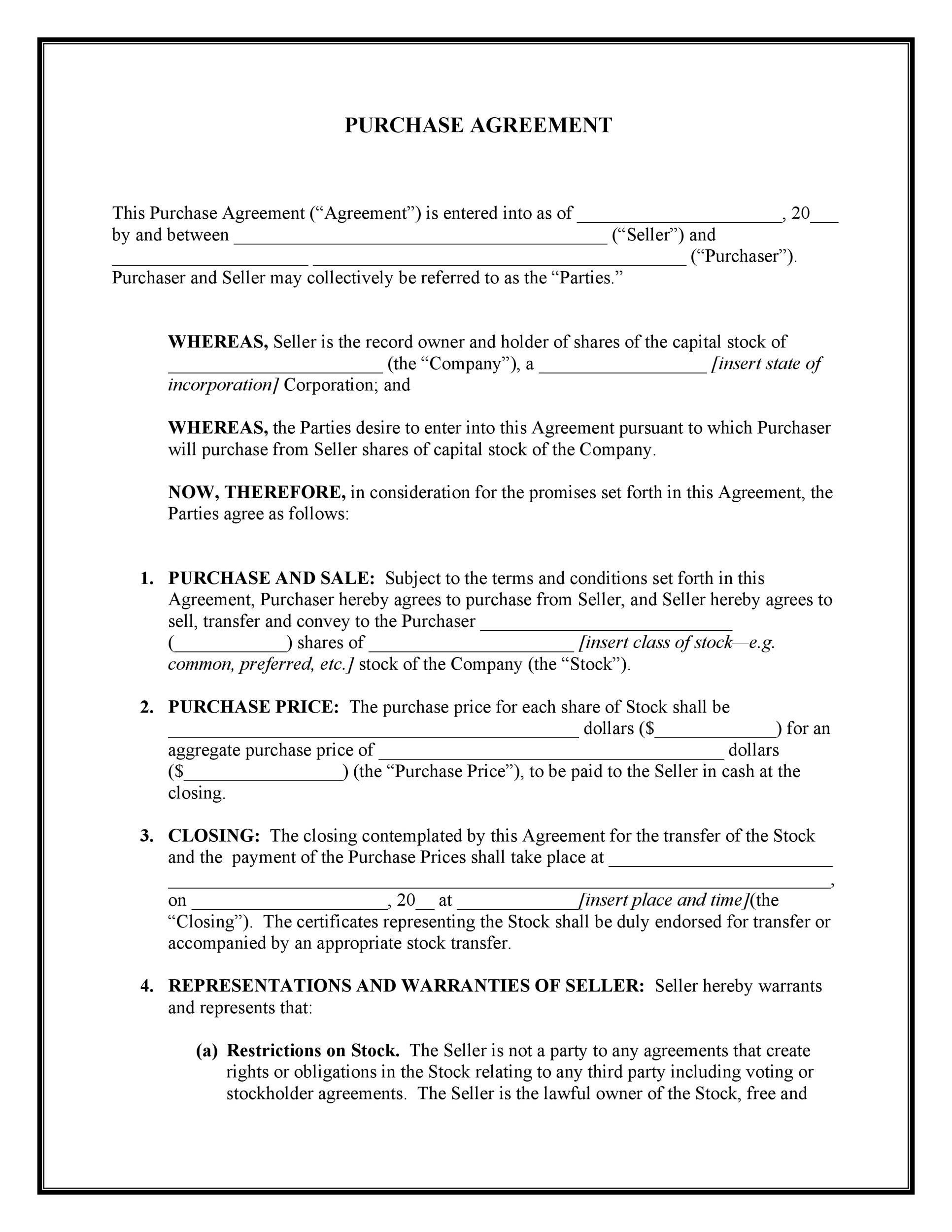 Printable Free Blank Purchase Agreement Form