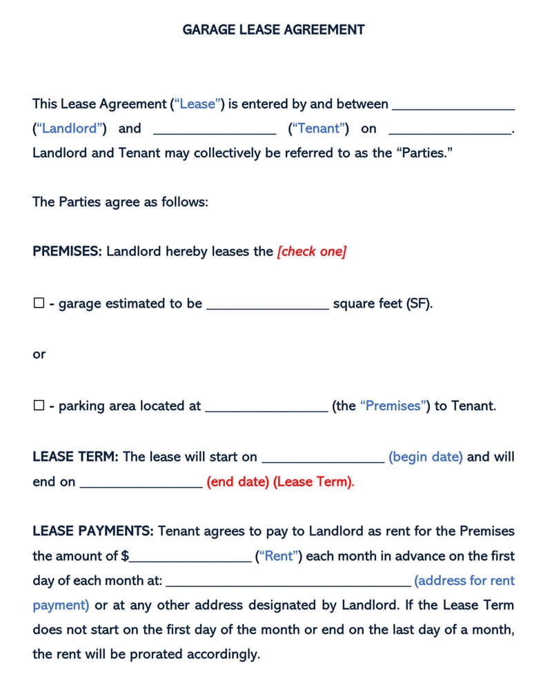 Printable Garage Lease Agreement Printable Word Searches
