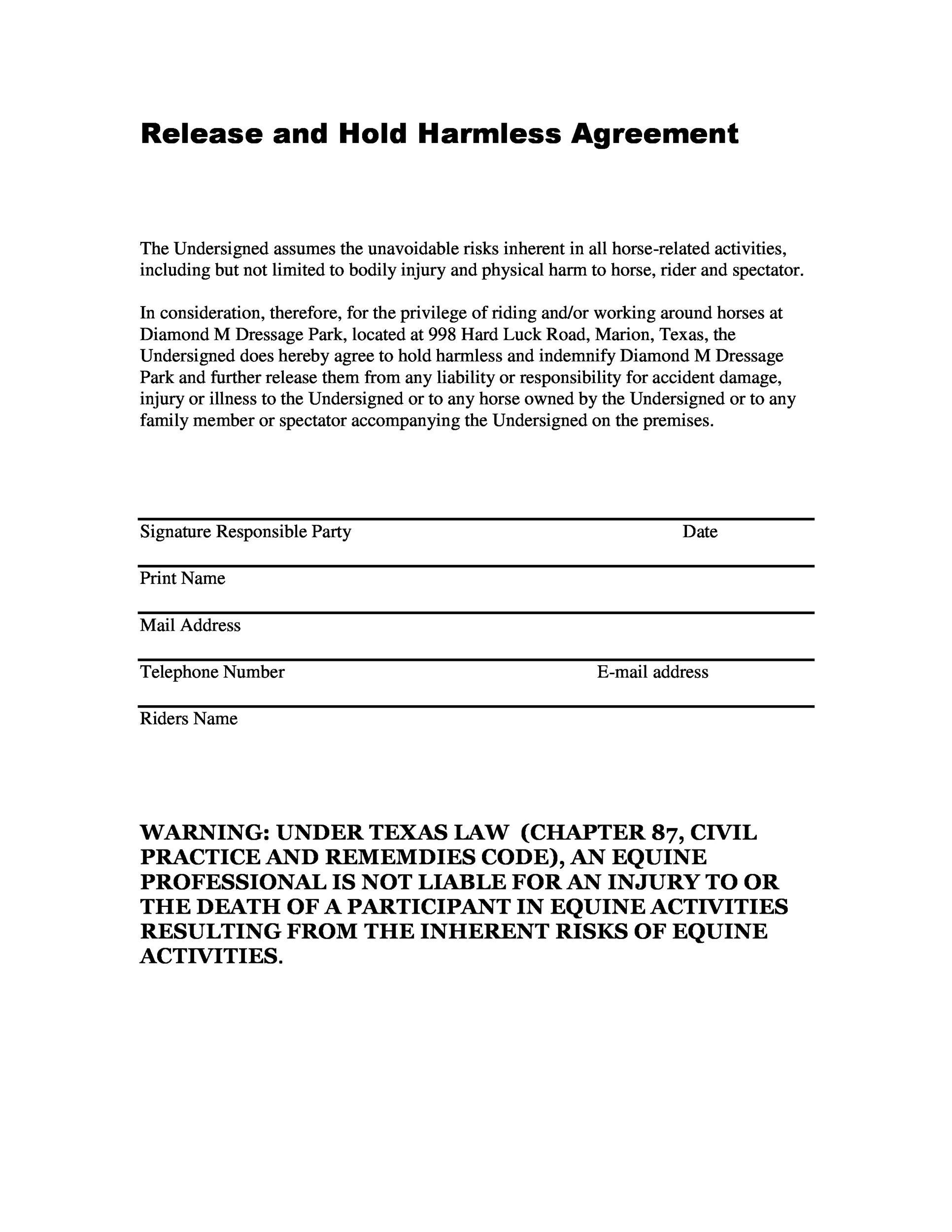 Printable Hold Harmless Agreement