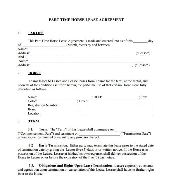 Printable Horse Lease Agreement Template