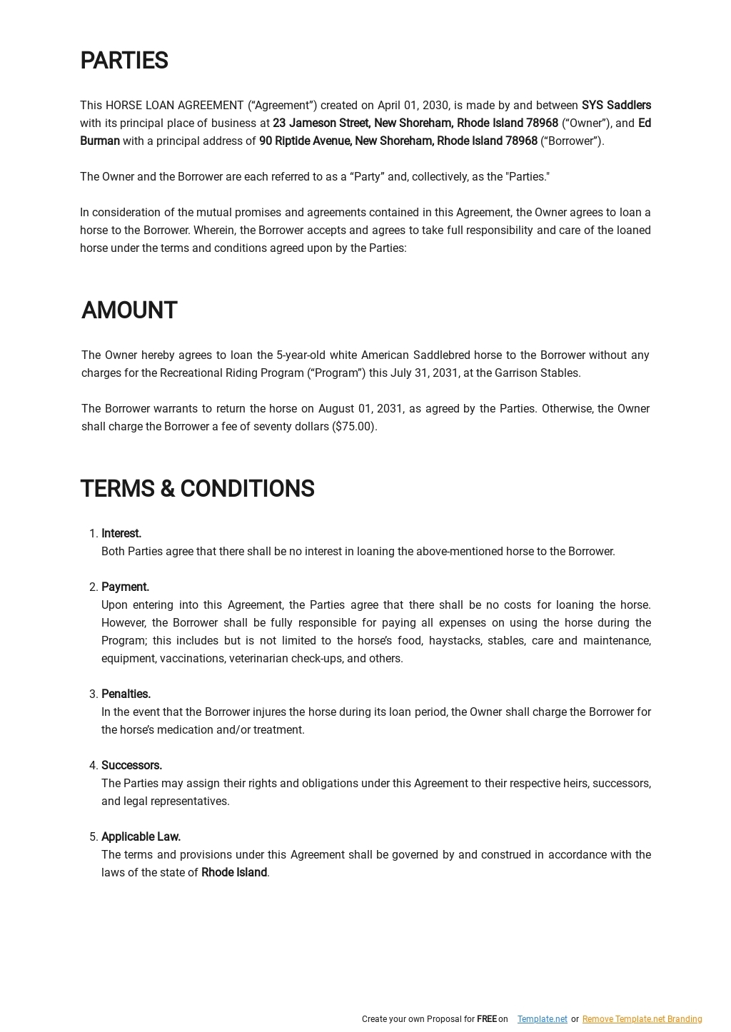 Printable Horse Trial Agreement