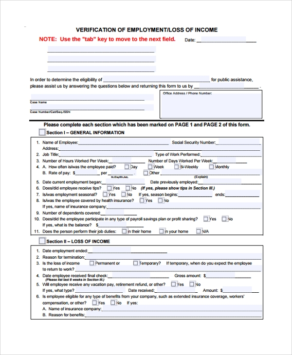 Printable Income Verification Form