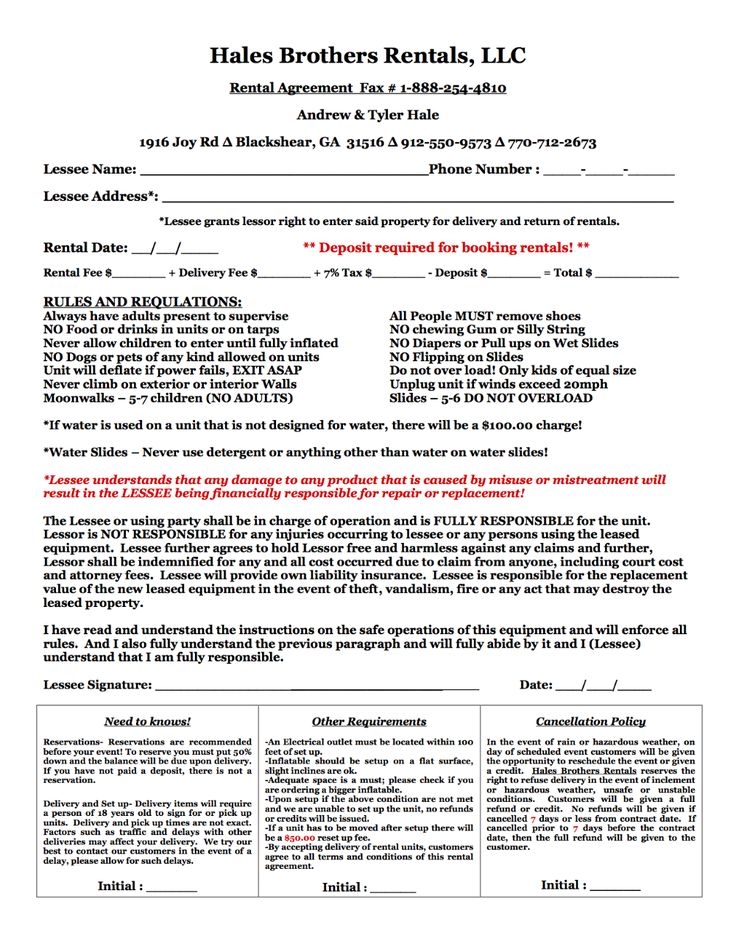 Printable Inflatable Rental Agreement Printable Calendars AT A GLANCE